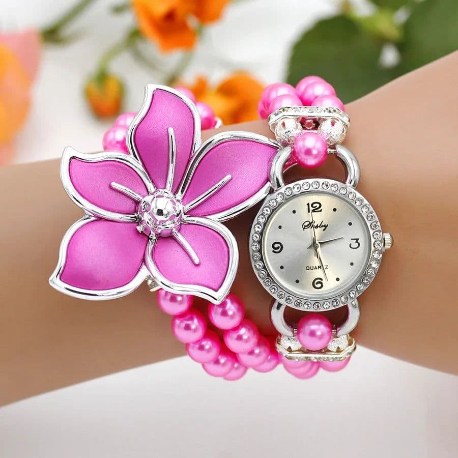 image-New Fashion Women Dress Watches Ladies Pearl Chain White Flower Bracelet Quartz Wristwatches Women Rhinestone Watches